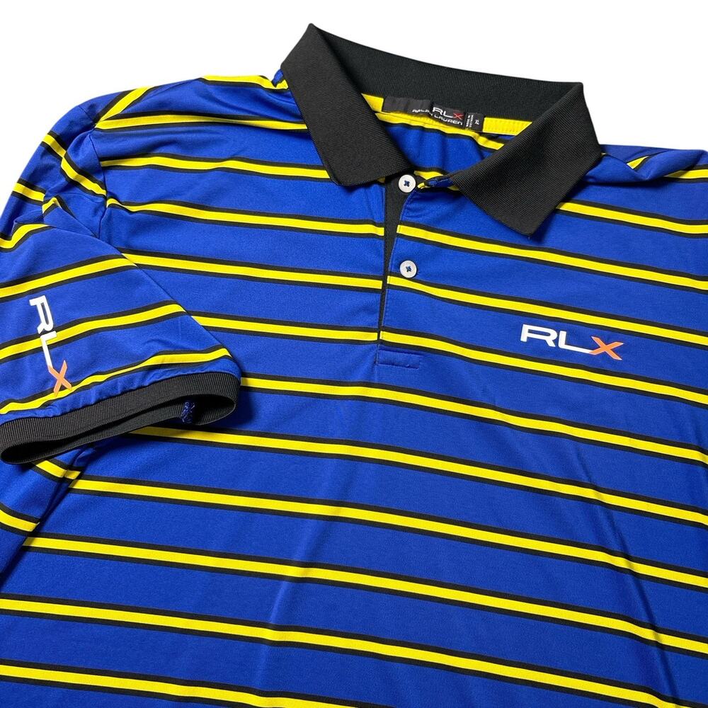 RLX Ralph Lauren Polo Shirt Mens Size XL Blue Yellow Stripe Performance Stretch